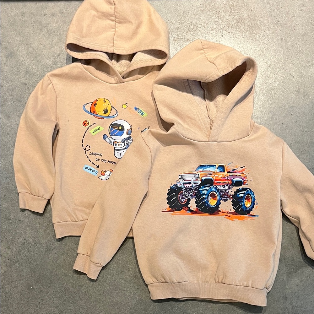 SHEIN Beige Kids Hoodies with Space and Monster Truck Graphics 6Y 5T